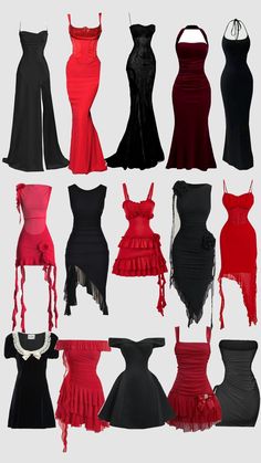 red and black pallet dresses Dresses Red And Black, Black And Red Prom Outfits, Black And Red Dress Outfit, Red And Black Hoco Outfits, Black And Red Hoco, Red And Black Prom Dress Aesthetic, Red And Black Dresses, Red And Black Dress Aesthetic, Red Dress Black Accessories