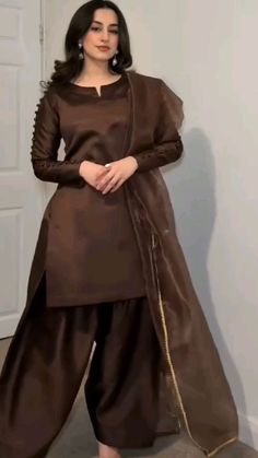 Trending Plain Suit Design, Brown Dress Outfit For Wedding, Camel Colour Suit, Coffee Colour Suit Design, Katan Silk Dress, Kameez Gala Design, New Silk Dress Designs Pakistani, Kattan Silk Dress Design, Silk Dress Pakistani
