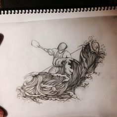 a drawing of a man riding a wave on top of a surfboard