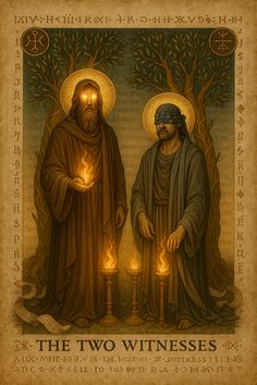 the two witnesses are holding candles in their hands and standing next to each other on a parchment background