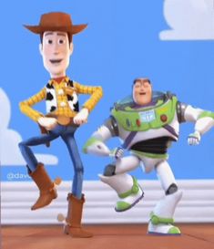 two cartoon characters are dancing in front of a blue sky and white clouds with the words toy story written on it