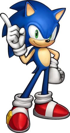 sonic the hedge is pointing at something with his index finger in front of him,