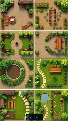 an aerial view of a park with benches, trees and other things in the area