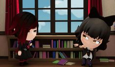 two anime characters standing in front of a book shelf with books on the floor and windows behind them