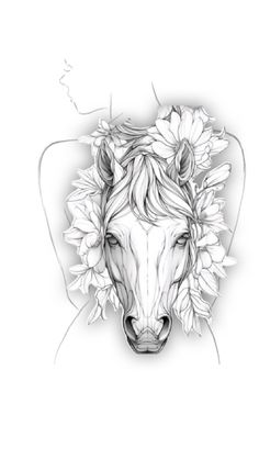 a drawing of a horse with flowers on it's head and the face is drawn in