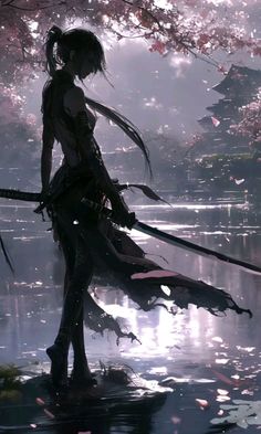 a woman with long hair holding two swords in her hand and standing on the edge of a body of water