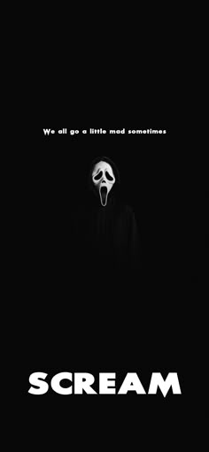 the scream movie poster is shown in black and white with an evil mask on it