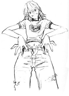 a black and white drawing of a girl with her hands on her hips