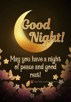 a good night message with the moon and flowers around it, on a dark background