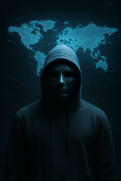 a man wearing a hoodie standing in front of a world map