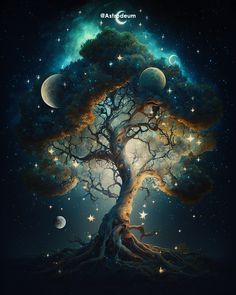 a painting of a tree with stars and moon in the night sky, as if it were from outer space
