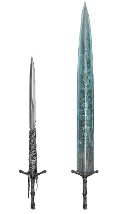 two different types of swords are shown side by side, one is blue and the other is silver