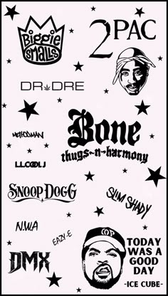 some black and white tattoos with different designs on them, including one that has the word's name in it