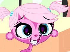 a pink pony with big eyes standing in front of a window and smiling at the camera