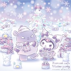 there is a cartoon bear and girl in front of a christmas tree