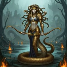 a woman dressed as an egyptian goddess holding a bow and snake wrapped around her body