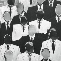 black and white photograph of men in suits with their ties cut out to look like faces