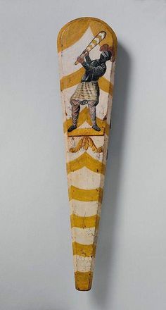 an old wooden sign with a man holding a baseball bat on it's back