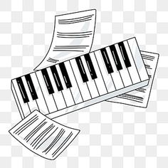 a piano keyboard with sheets of paper flying around it, transparent background png and psd
