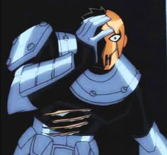 a cartoon character in armor holding his hands to his face