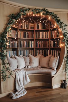 Whimsical Circular Reading Nook with Full Bookshelf Wrap & Cozy Decor