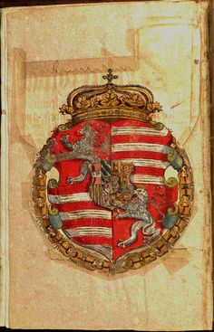 a red and gold shield with lions on it