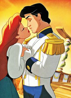 the prince and princess kissing in front of an orange sky