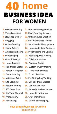 the 40 home business idea for women list is shown in orange and white with text