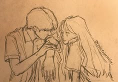a pencil drawing of two people looking at their cell phones while standing next to each other