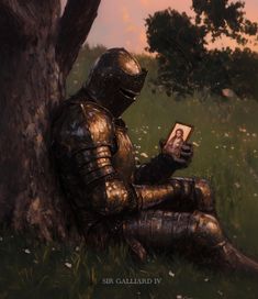a painting of a knight sitting in the grass reading a book next to a tree