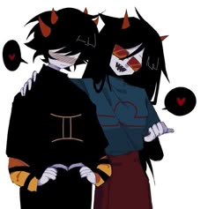 two anime characters hugging each other with horns on their heads and eyes, one is wearing a black shirt