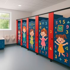 the children's lockers are painted with colorful numbers and pictures on them,