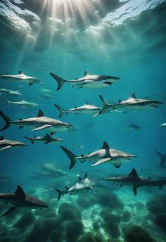 a large group of sharks swimming in the ocean with sunbeams above and below
