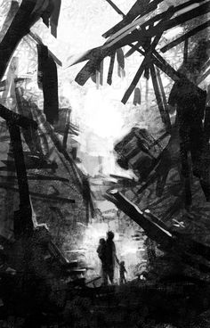 a black and white photo of people walking in the woods with debris on the ground