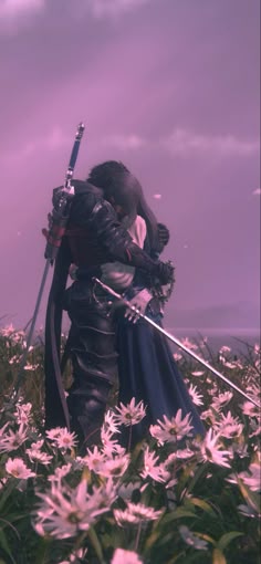 two people standing next to each other with swords in their hands and flowers in the foreground