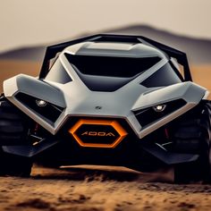 the futuristic vehicle is driving through the desert