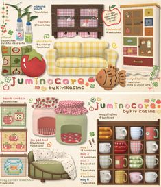 an image of furniture and kitchen items in the style of children's bookshelves