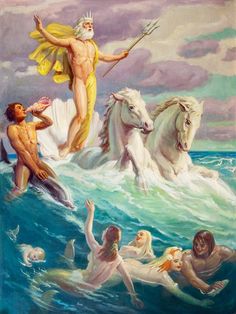 an image of a man on the water surrounded by horses and men swimming in the ocean