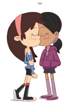 two people kissing each other while standing next to each other with hearts flying above them