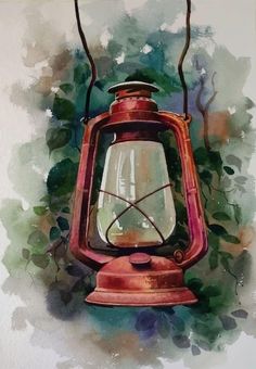 watercolor painting of an old fashioned lantern
