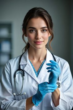 a female doctor in white coat and blue latex gloves is holding something up to her chest