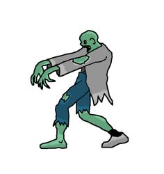 an image of a cartoon zombie holding something in one hand and walking away from the camera