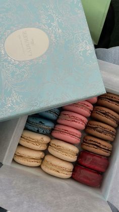 a box filled with lots of different colored macaroons
