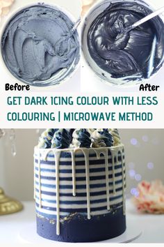 a cake with blue frosting and white icing on it, before and after being decorated