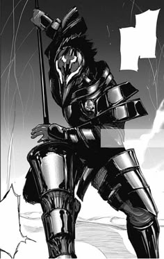 a black and white drawing of a person in armor