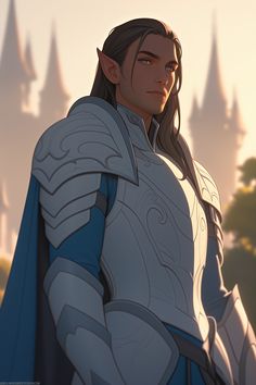 a man in armor standing next to a castle