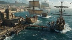 two ships in the ocean near a pier with buildings and seagulls flying around