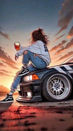 a woman sitting on the hood of a car with a glass of beer in her hand