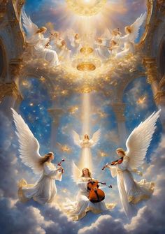 three angels playing violin in the sky with clouds and sun shining above them, all surrounded by music instruments