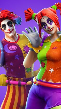 two clowns dressed in colorful clothing and makeup, one holding his hands out to the side